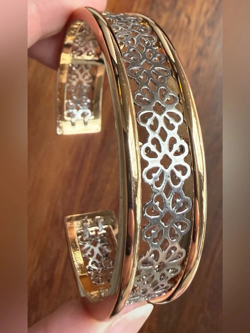 Avon Mixed Metal Silver and Gold-Tone Filigree Two-Tone Cuff Bracelet